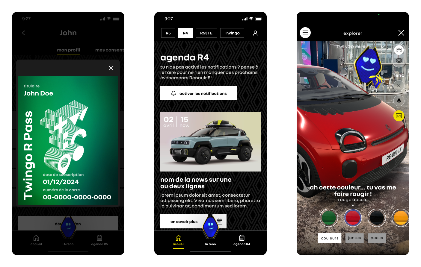 Evolutions de l'app : R Pass, agenda, vue AR des véhicules.