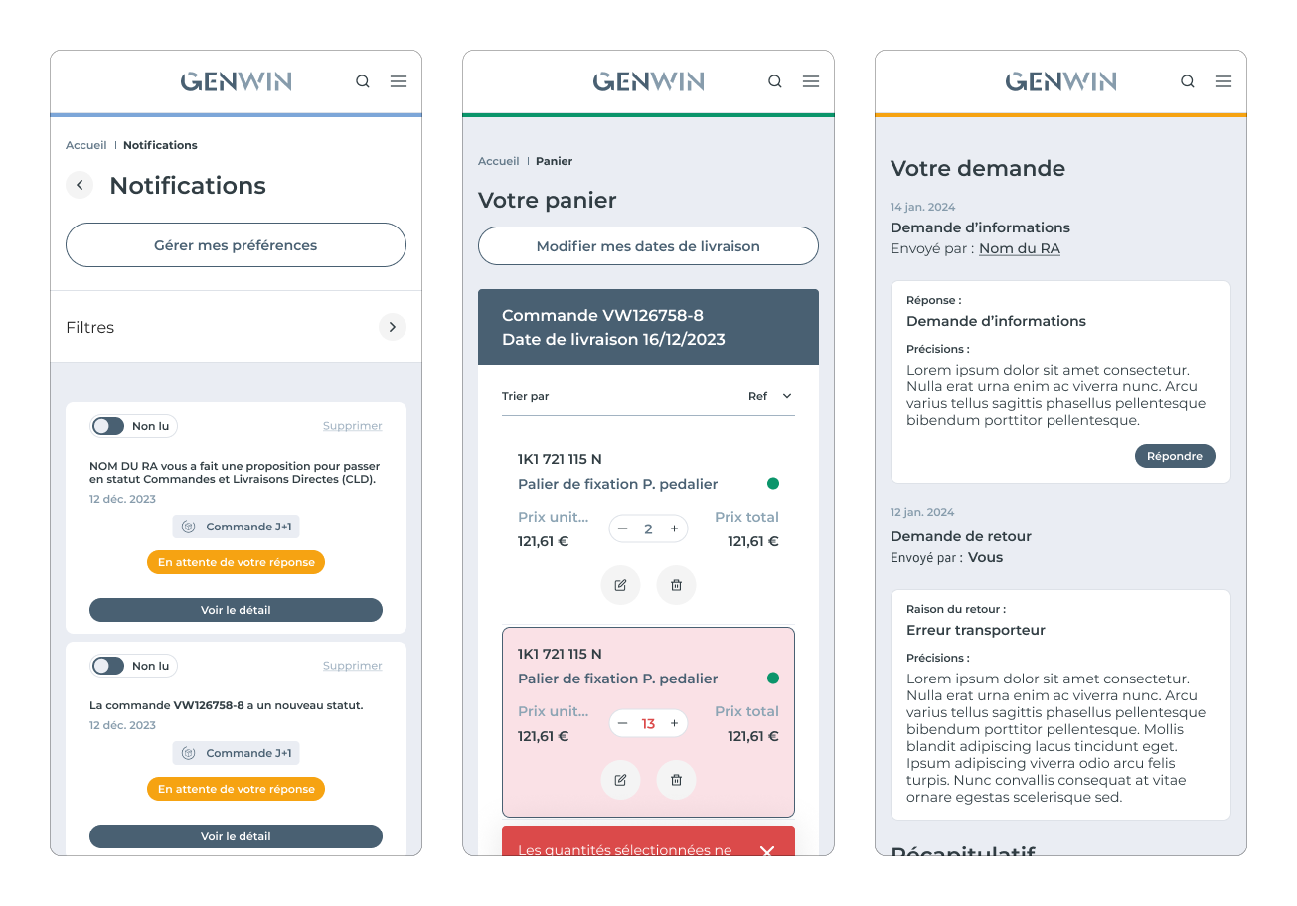Notifications, parcours de commande avec prix différenciés, parcours de demandes et réclamations.